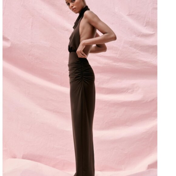 Zara Long Open Back Halter Dress Dark Brown XS - Picture 6 of 8